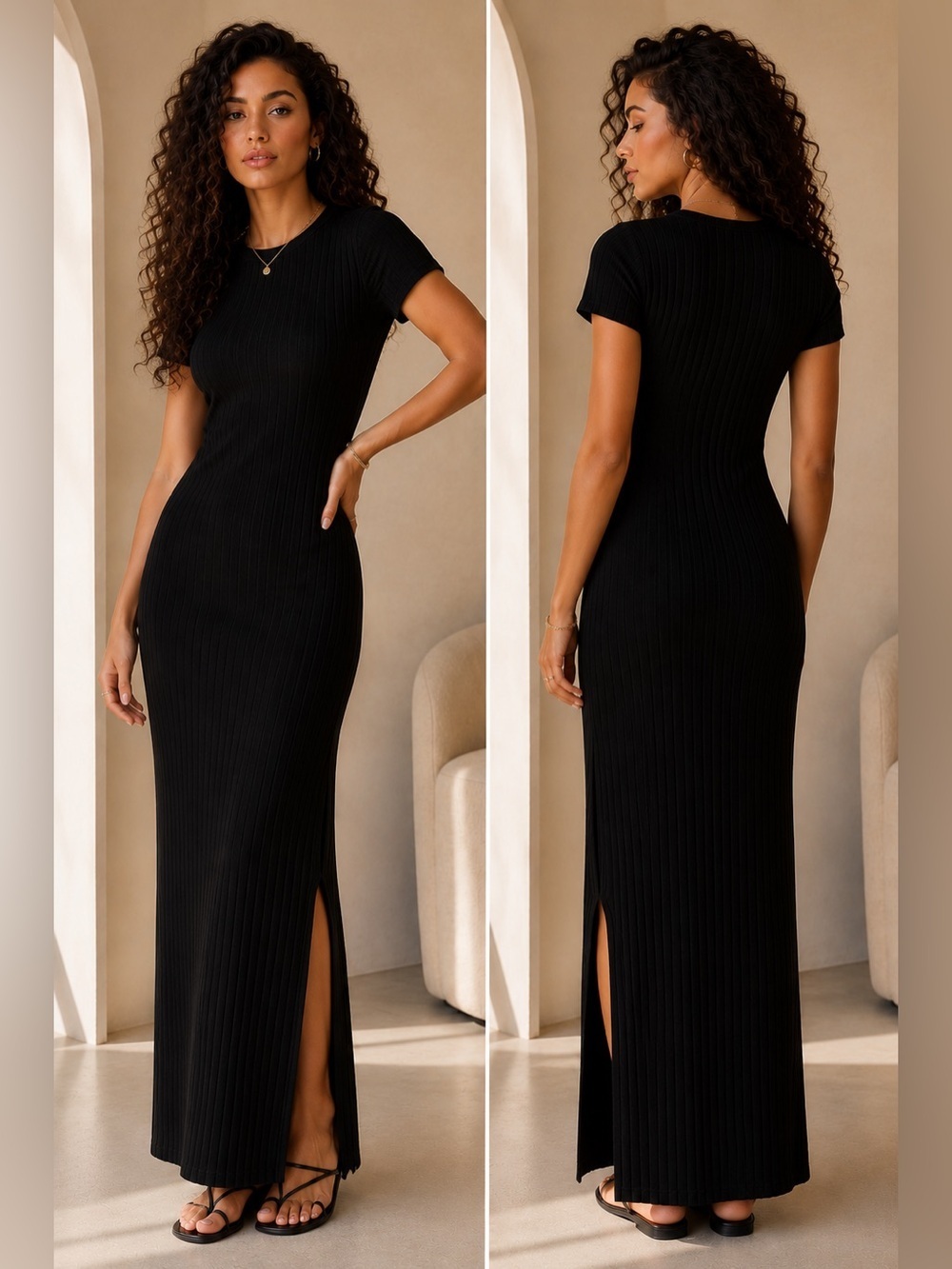 ✨ Lucca Couture Black Ribbed Knit Sweater Dress - With Side Slit